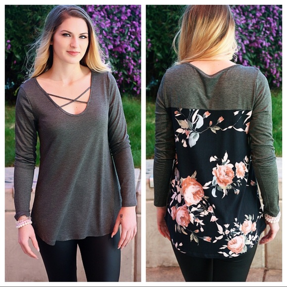 ABBY & GRACE Tops - SALE | Criss Cross Detail Tunic w/ Floral Back